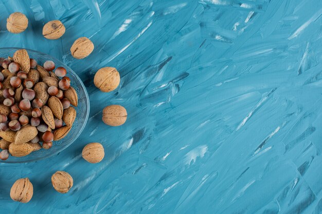 Une plaque de verre pleine de différents types de noix fraîches saines sur un fond bleu.