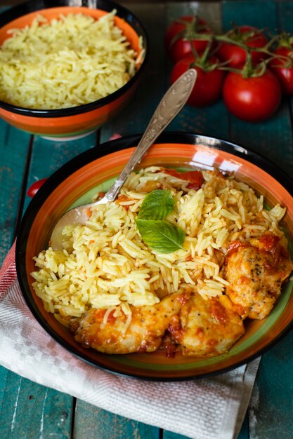 Plat indien traditionnel avec du riz et du poulet