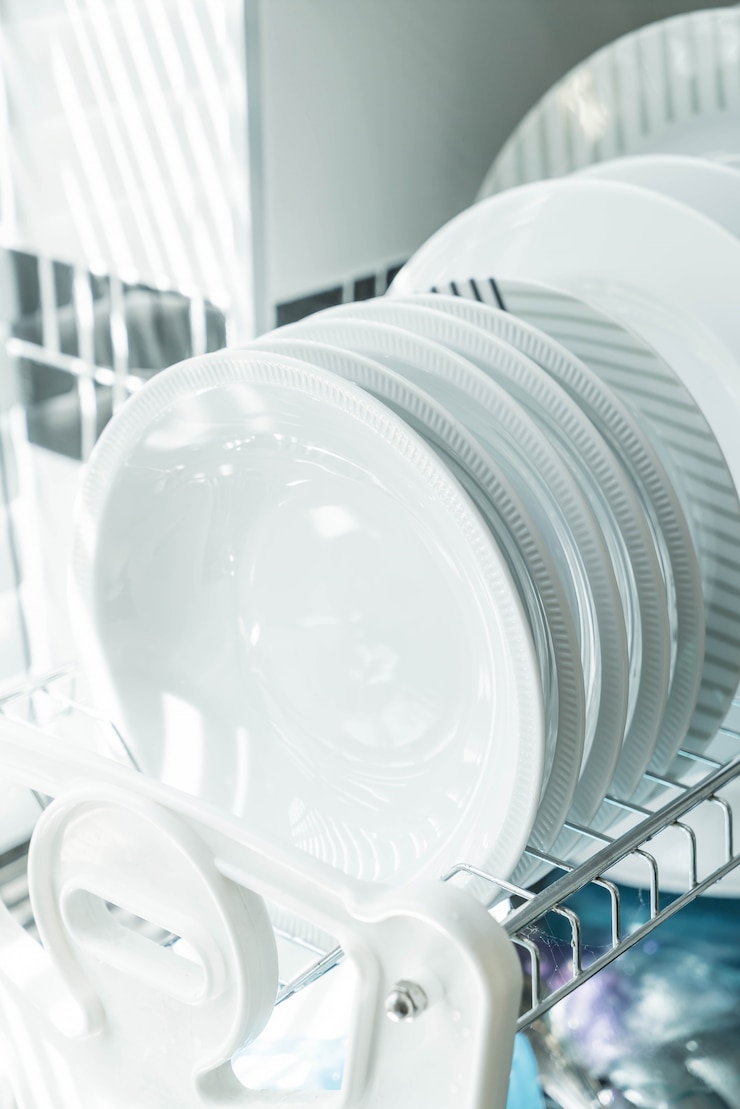 Photo gratuit plat propre sur un porte-vaisselle