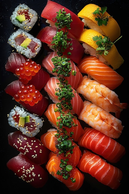 Photo gratuite un plat de sushi aux fruits de mer avec des détails et un simple fond noir