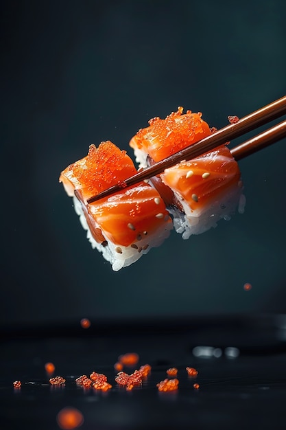 Un plat de sushi aux fruits de mer avec des détails et un simple fond noir