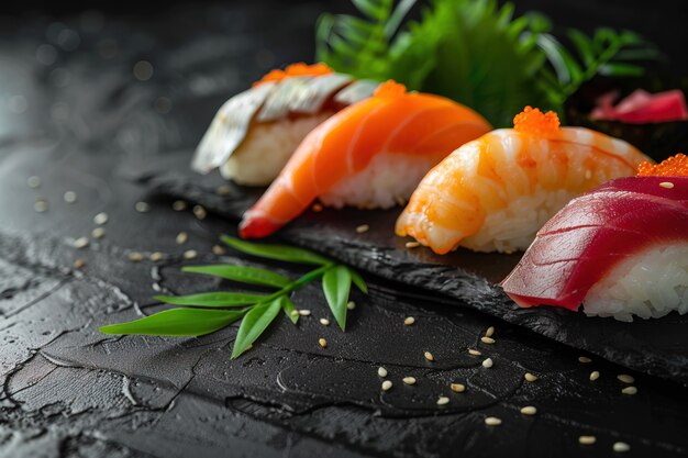 Photo gratuite un plat de sushi de fruits de mer très détaillé avec un simple fond noir