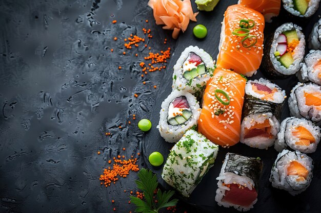 Un plat de sushi de fruits de mer très détaillé avec un simple fond noir