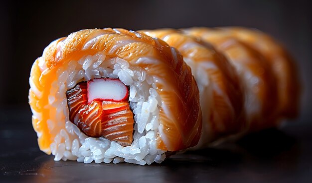 Un plat de sushi de fruits de mer très détaillé avec un simple fond noir