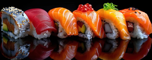 Photo gratuite un plat de sushi de fruits de mer très détaillé avec un simple fond noir