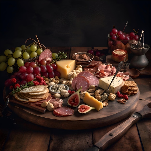 Photo gratuite un plateau de fromage avec du fromage au jambon salami et des raisins