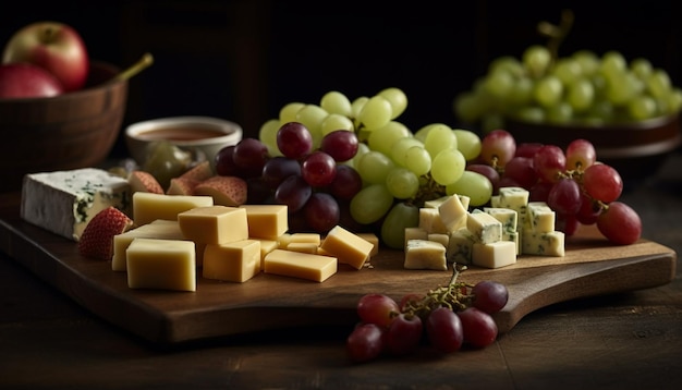Photo gratuite plateau de fromages gastronomiques avec vin et variété générés par l'ia