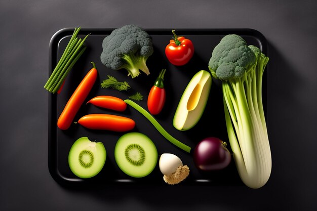 Un plateau de légumes comprenant du brocoli, du concombre, de l'oignon rouge et du concombre.