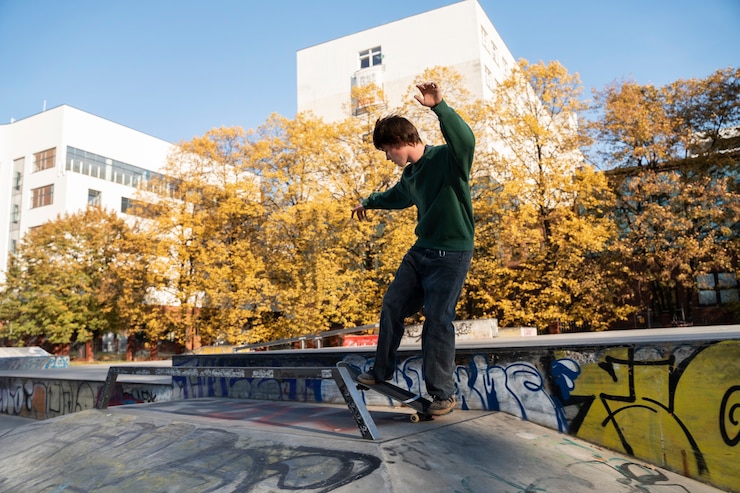 Photo gratuit plein coup adolescent sur planche à roulettes à l'extérieur