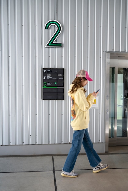 Plein coup cool femme marchant avec un chapeau de camionneur