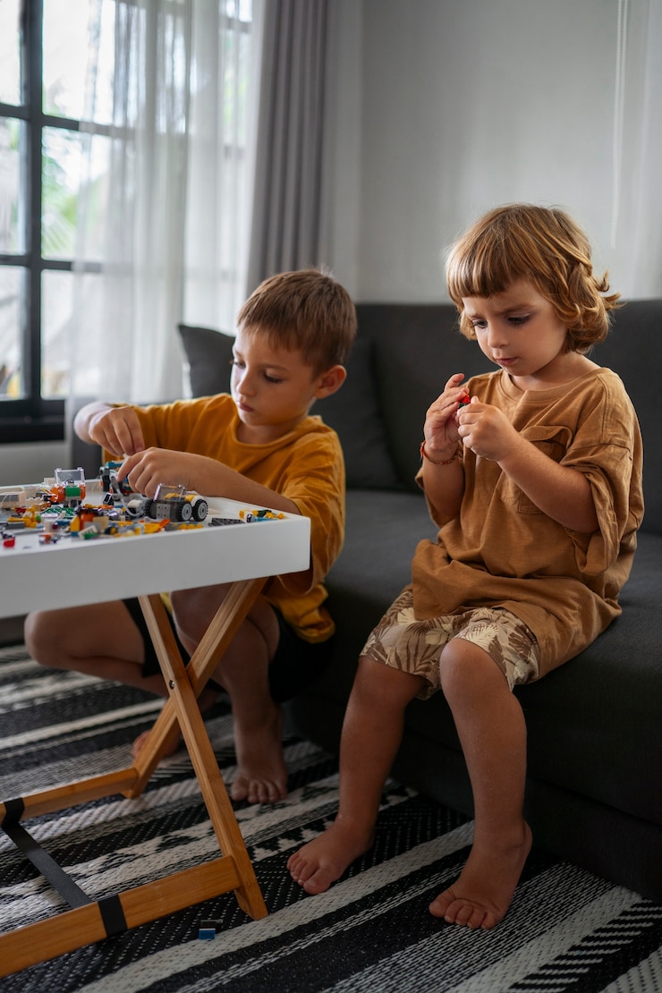 Photo gratuit plein coup d'enfants jouant avec des jouets à l'intérieur