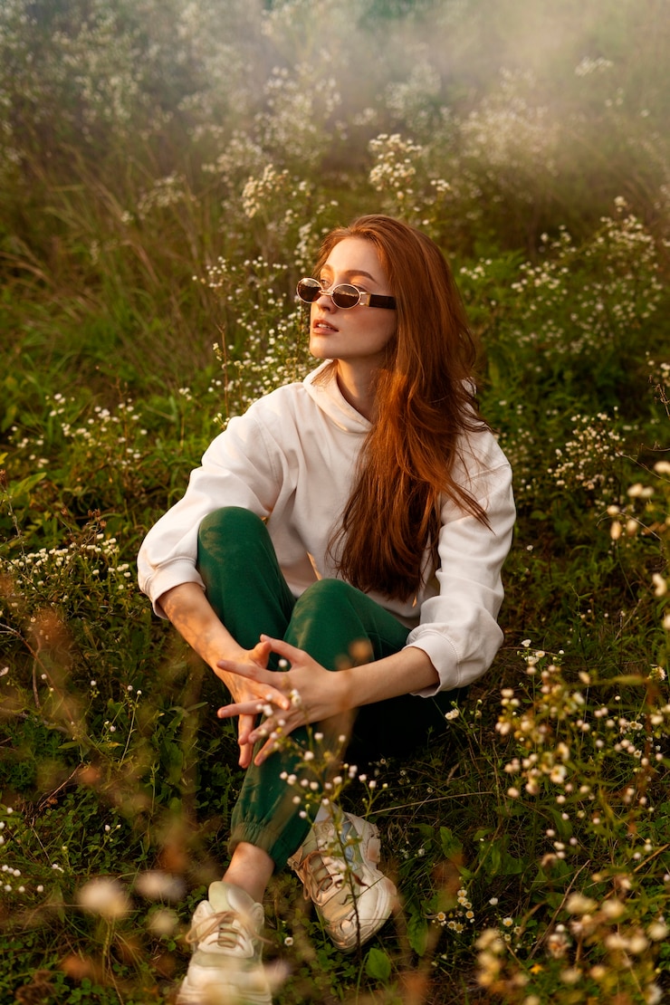 Photo gratuit plein coup femme assise sur l'herbe