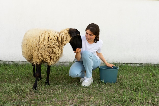 Photo gratuite plein coup femme berger nourrir les moutons