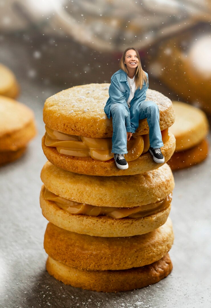 Photo gratuit plein coup femme posant avec des biscuits
