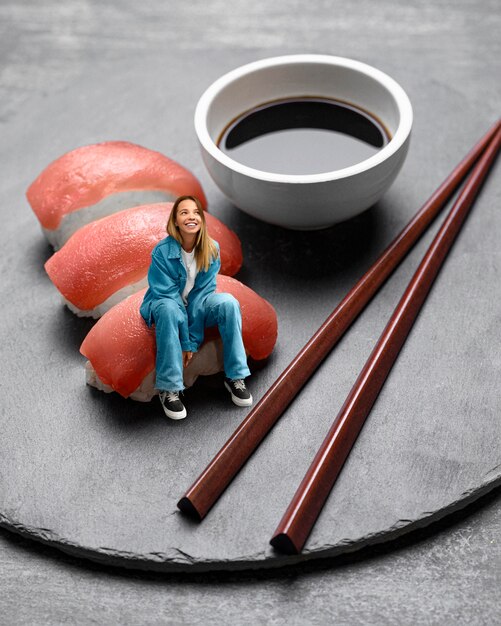 Plein coup femme posant avec des sushis