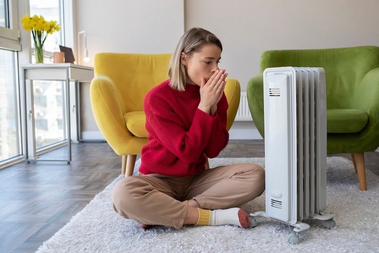 Photo gratuit plein coup femme se réchauffer près du radiateur