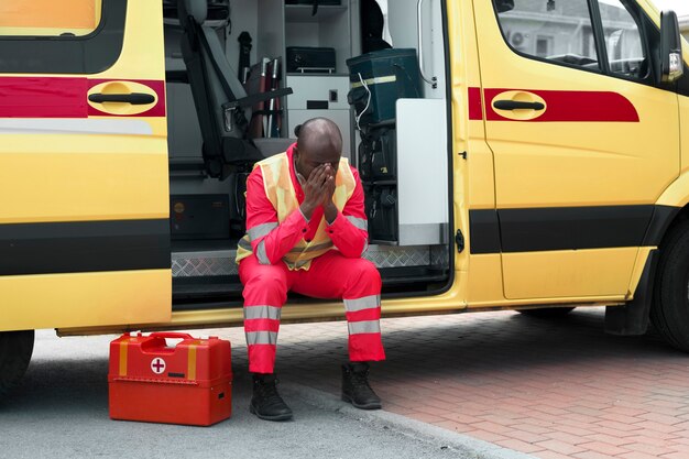 Plein coup homme assis dans une ambulance