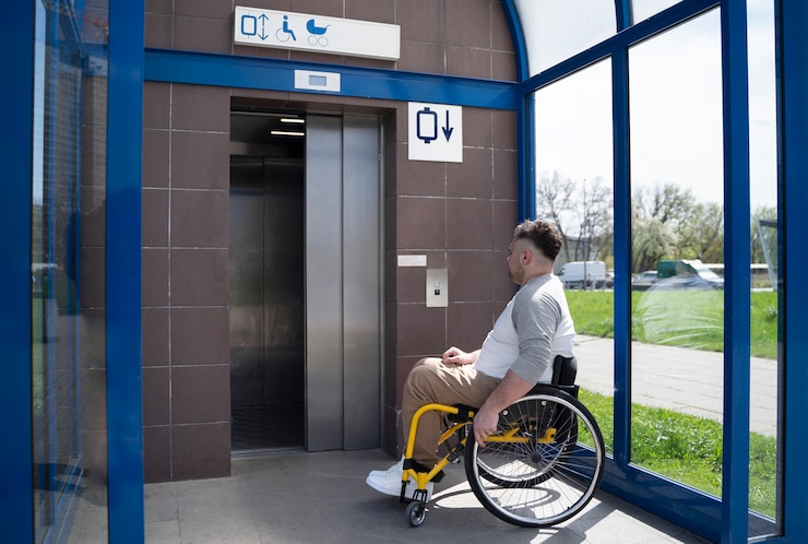 Photo gratuit plein coup homme handicapé prenant l'ascenseur