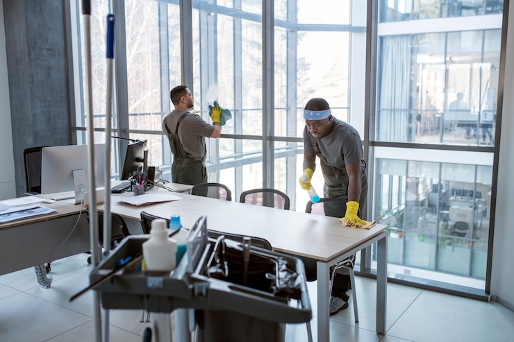 Photo gratuit plein coup d'hommes nettoyant le bureau
