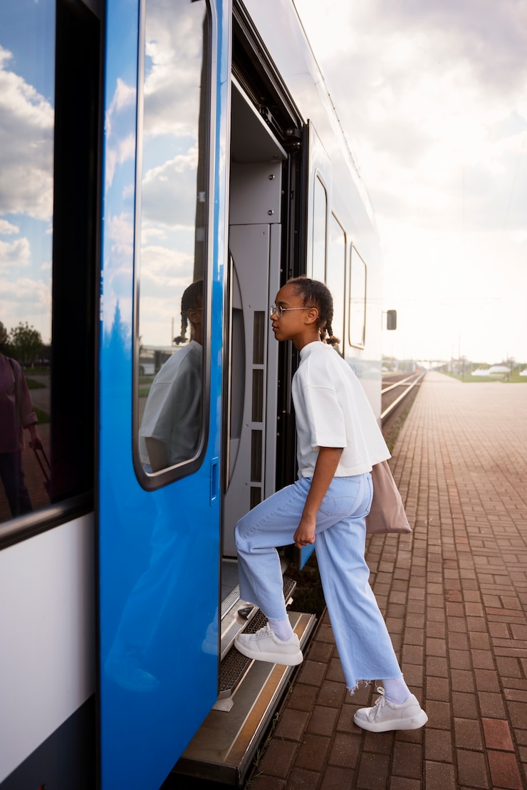 Photo gratuit pleine photo fille voyageant en train