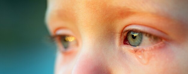 Pleure Bebe Aux Yeux Bleu Ciel Gros Plan Petit Garcon Tendre Qui Pleure Goutte Pour Les Yeux Larme De Petit Enfant Cheri Photo Premium
