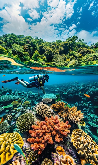 Photo gratuite un plongeur entouré d'une belle nature sous-marine