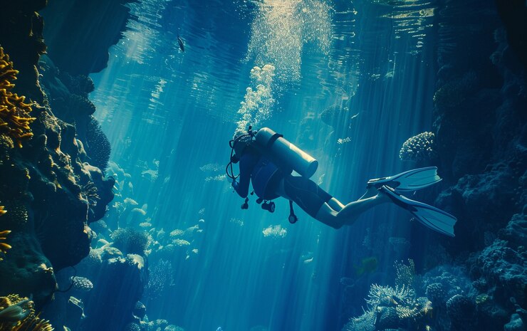 Photo gratuit un plongeur entouré d'une belle nature sous-marine