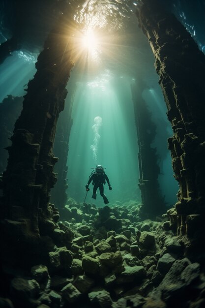 Plongeur explorant les ruines archéologiques de bâtiments sous-marins