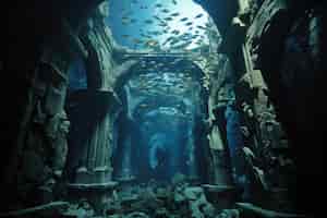 Photo gratuite plongeur explorant les ruines archéologiques de bâtiments sous-marins