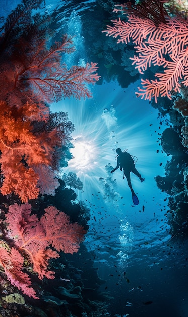 Plongeur sous la mer entouré de nature sauvage
