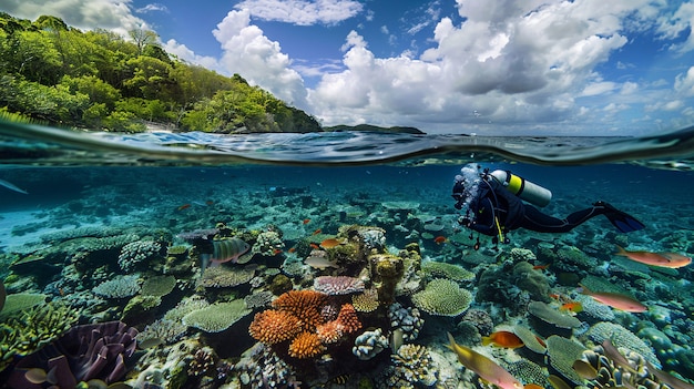 Plongeur sous la mer entouré de nature sauvage