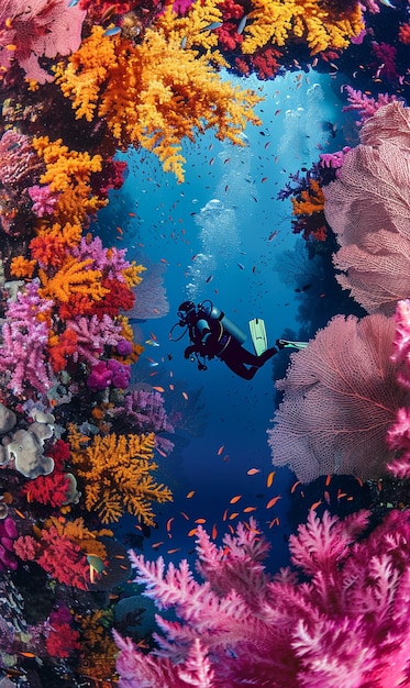 Photo gratuite plongeur sous la mer entouré de nature sauvage