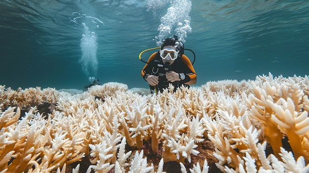 Photo gratuite plongeur sous la mer entouré de nature sauvage