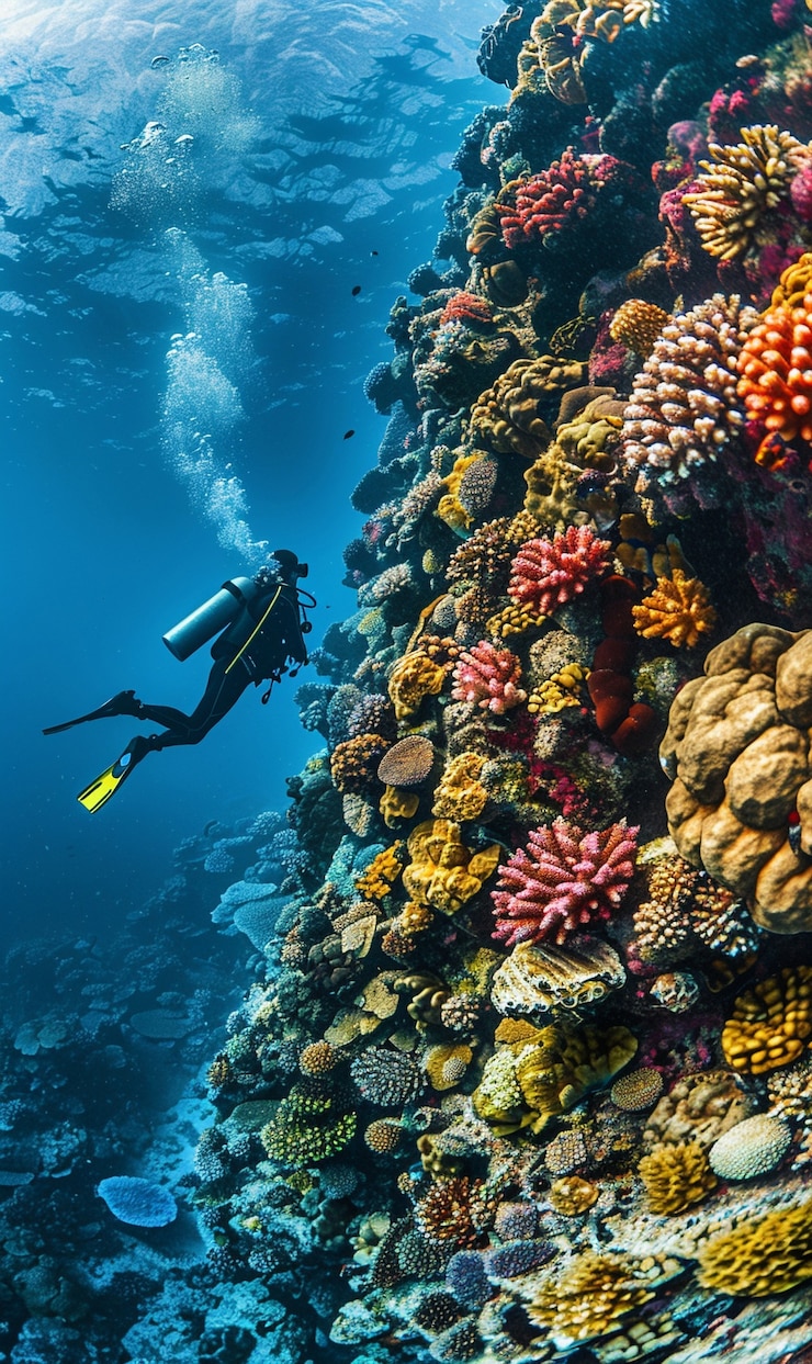 Photo gratuit plongeur sous la mer entouré de nature sauvage