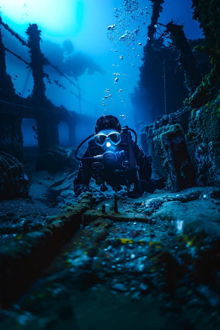 Photo gratuit plongez sous la mer entouré de ruines de bâtiments archéologiques