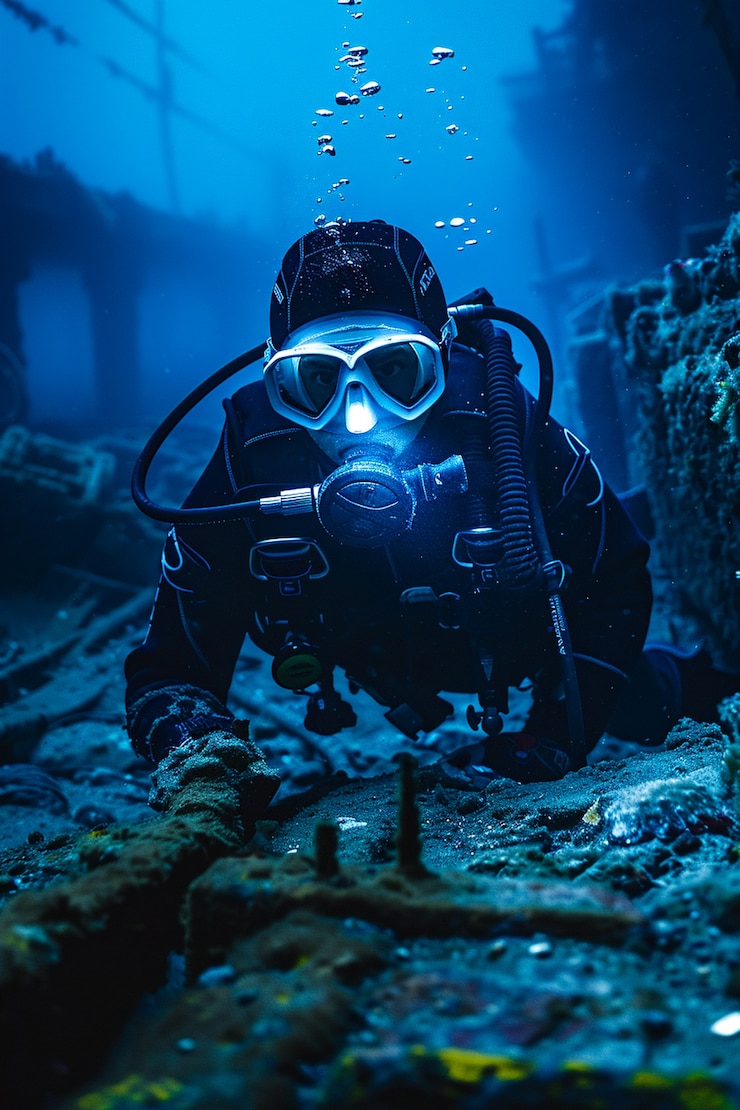 Photo gratuit plongez sous la mer entouré de ruines de bâtiments archéologiques