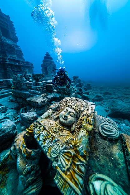 Photo gratuite plongez sous la mer entouré de ruines de bâtiments archéologiques