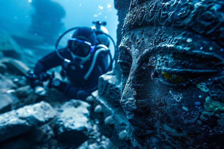 Photo gratuit plongez sous la mer entouré de ruines de bâtiments archéologiques