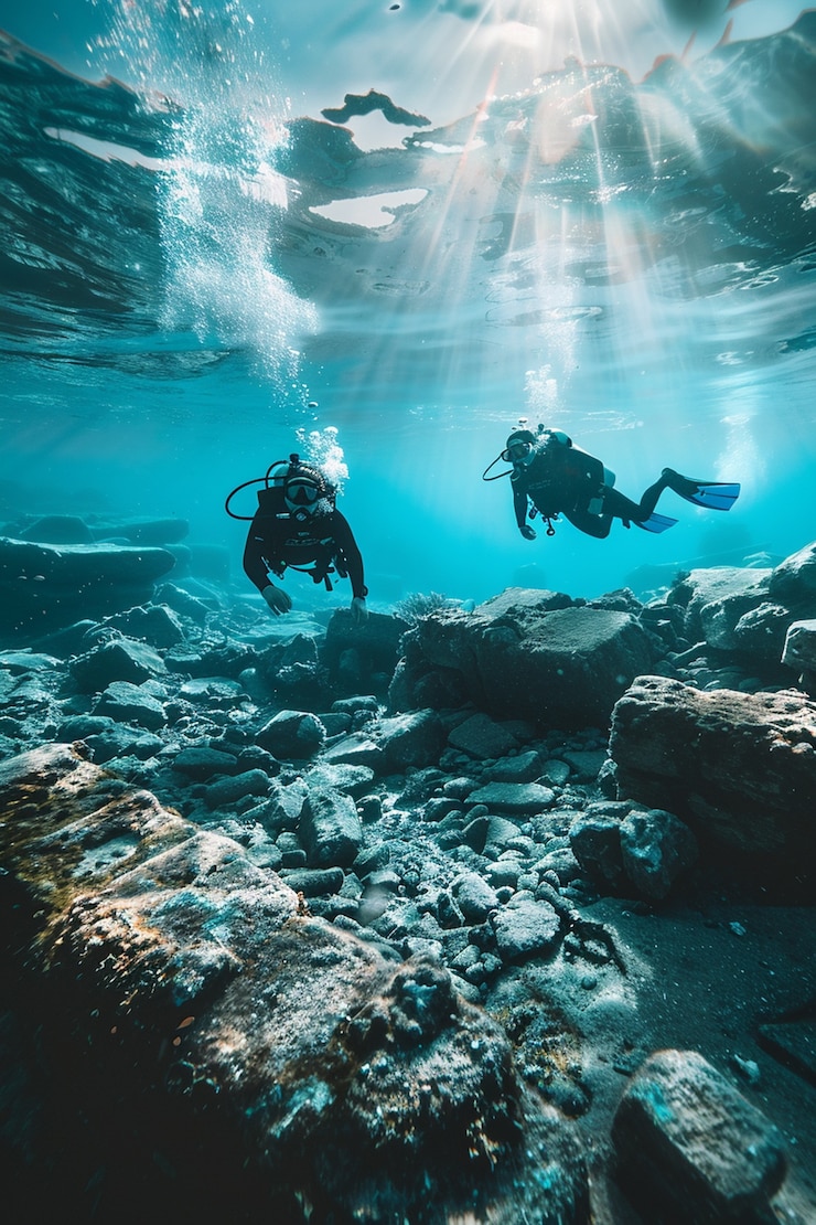 Photo gratuit plongez sous la mer entouré de ruines de bâtiments archéologiques