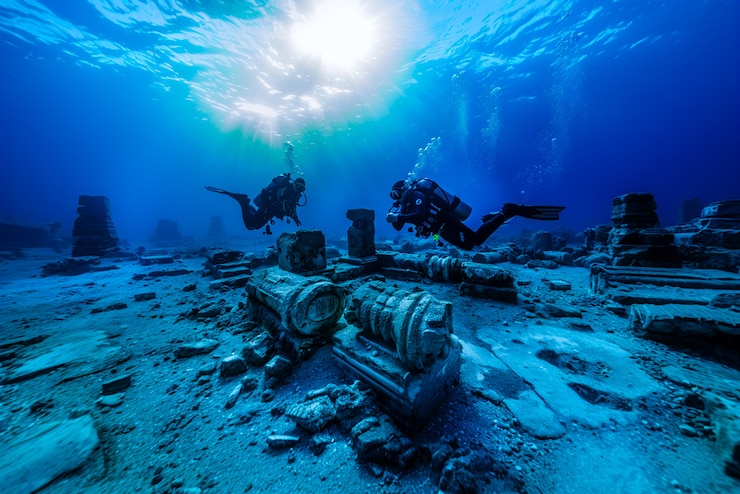 Photo gratuit plongez sous la mer entouré de ruines de bâtiments archéologiques