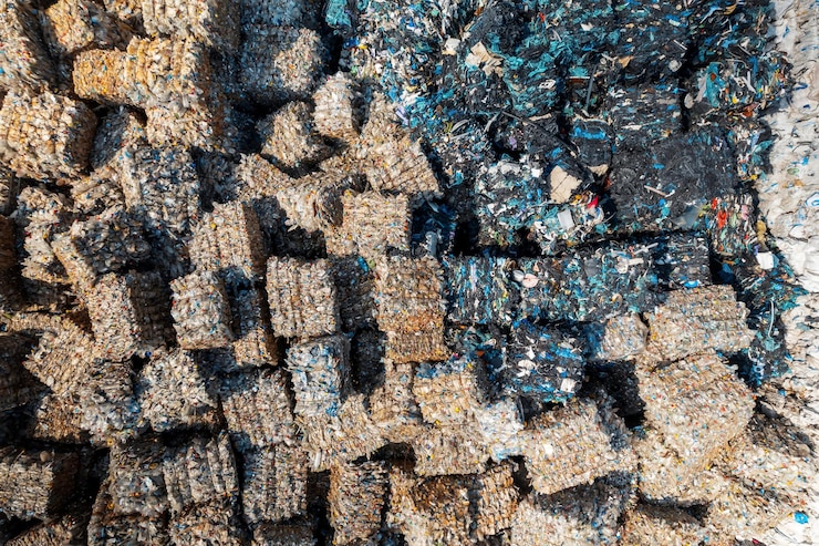 Photo gratuit plusieurs cubes de déchets plastiques compressés près de l'usine de recyclage des déchets en plein air vertical