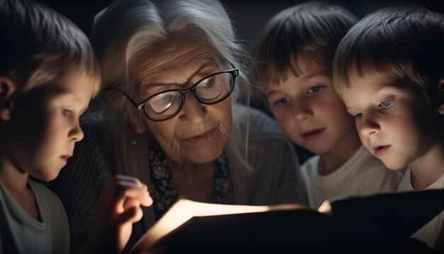 Plusieurs générations appréciant la lecture et la narration ensemble à l'intérieur générées par l'IA