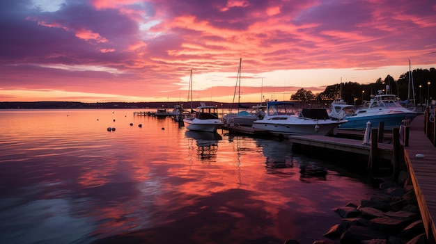 Photo gratuite plusieurs yachts amarrés à l'amarrage au coucher du soleil