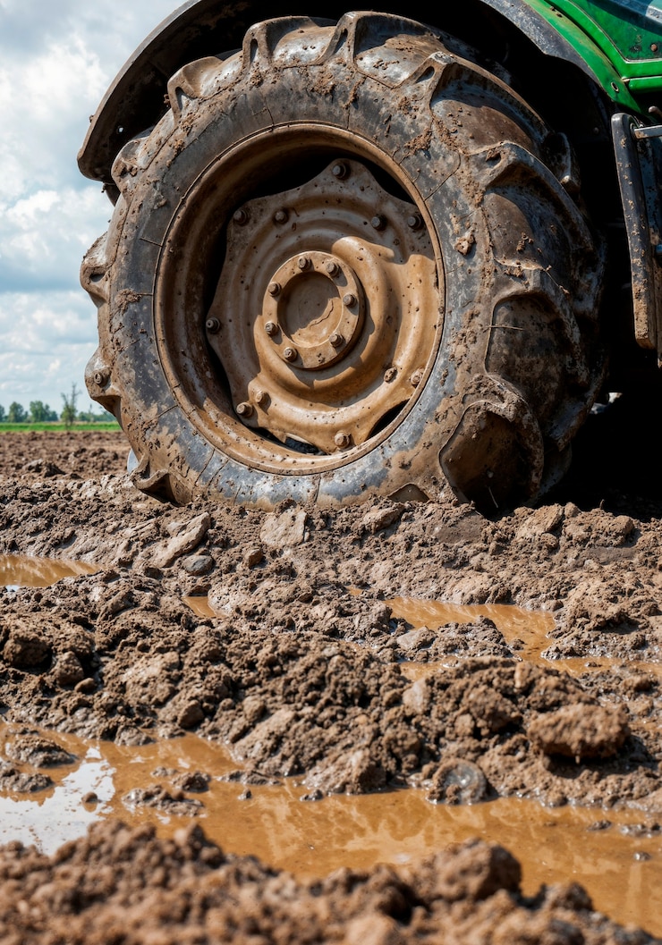 Photo gratuit un pneu de tracteur dans un champ boueux