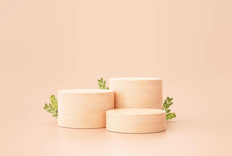 Photo gratuit podium en bois affichage produit stand gagnant piédestal avec feuille vitrine produit espace présentation bois arbre nature concept fond rendu 3d