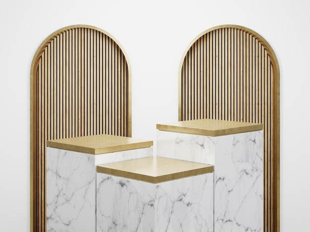 Podium en marbre blanc à marches cubiques et plateau en or métallique avec fond de mur caractéristique dans un studio de luxe