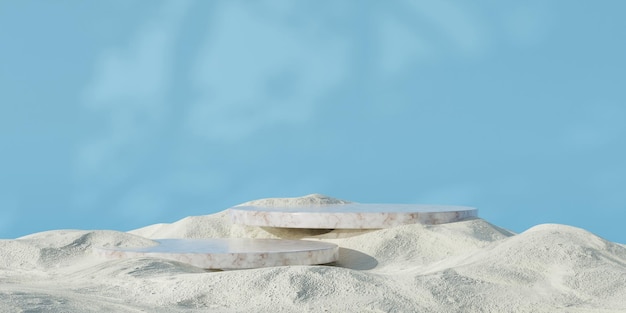 Podium en marbre sur fond de sable pour la présentation du produit. piédestal de beauté naturelle, illustration 3d