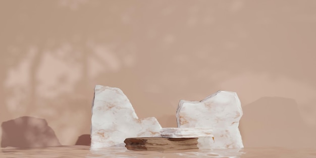 Podium en pierre avec podium en marbre sur l'eau pour la présentation des produits. piédestal de beauté naturelle, détente et santé, illustration 3d