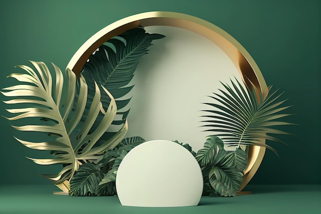 Podium de produit blanc avec des feuilles de palmier tropical vert générative ai