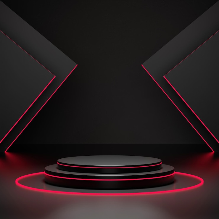 Photo gratuit podium rond lumière rouge et fond noir pour maquette